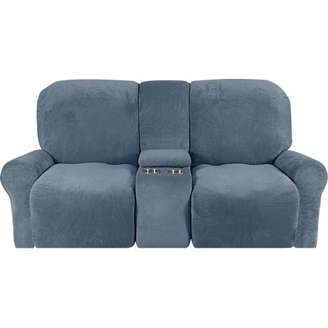 Soft stretch jacquard recliner chair cover with cup holder holes, machine washable furniture protector (2-seater, blue grey) (1/5)