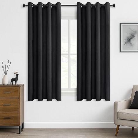 Lot de 2 rideaux occultants opaques à isolation thermique avec œillets, courts et modernes, pour hôtel, salon, bureau, chambre, noir, 145 x 140 cm (H x l) (1/5)