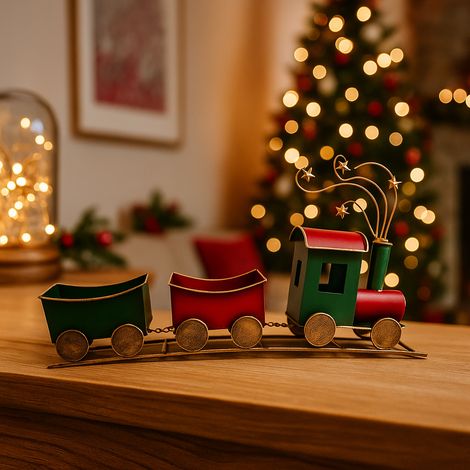 Trenino con vagoni in latta decoro rosso/verde/oro decorazione natalizia lungo 60 cm (1/4)