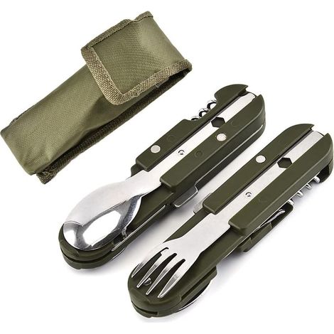 Klappbares Edelstahl-Besteckset – 5-in-1-Set mit Gabel, Löffel, Messer, Dosenöffner und Flaschenöffner – ideal für Camping, Wandern und Picknicks – 1-teilig (1/5)