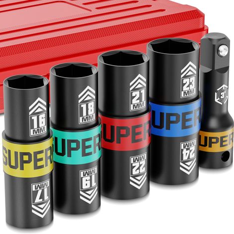 Set de Douilles à Chocs 5 Pièces 1/2", Douille Double Tête 16-24 mm avec Tige d'Extension 3", Douilles à Impact Compatible pour Voiture Fourgon Remorque (1/4)