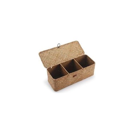 Panier de rangement en jonc de mer naturel – Couvercle rectangulaire – 3 compartiments pour organiser jouets et papier toilette – 32x12x11cm