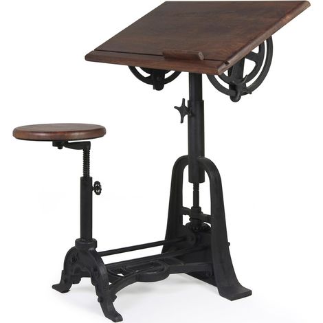 Bureau et tabouret industriel réglable fer noir et bois de manguier marron Kouba 80cm (1/5)