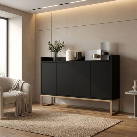Buffet - Armoire moderne avec 4 portes - buffet salle a manger - Pour salle à manger, salon, cuisine - Blanc - 120 x 30 x 80 cm (Noir) (1/5)