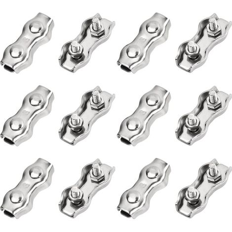 12 Pièces Serre Cable Acier Inox, M3 Pinces de Câble, Câble Métallique en Acier Double Pince, Pince de Fixation de Câble pour Fixation Corde a Linge Filin Tondeuse Cable Acier 3mm (1/5)