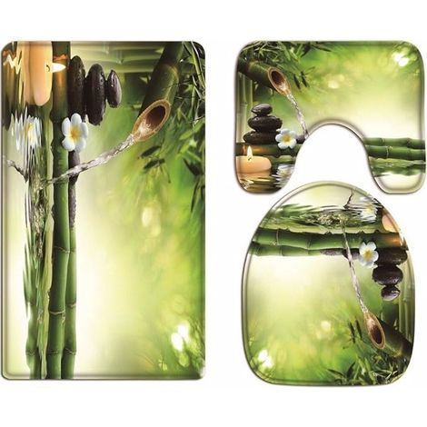 Ensemble de tapis de salle de bain 3 pièces Yoga Zen Méditation Créatif Vert Bambou Eau Paysage Naturel Tissu Flanelle (1/2)
