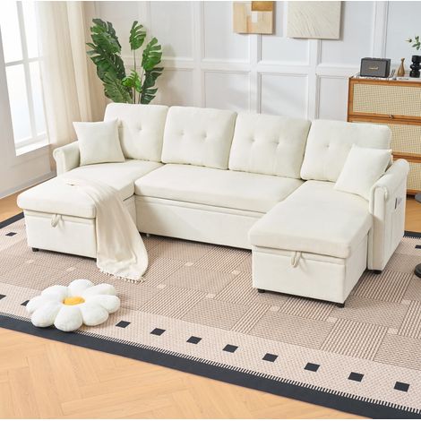 U-Polster-Ecksofa 266 x 130 x 85 cm mit Stauraum, Chenille beige HAVRYA (1/5)