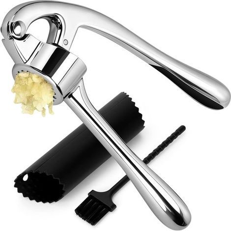 Knoblauchpresse – 3er-Set – Hochwertige Knoblauchpresse aus Zinklegierung (17 cm) – Silber – Spülmaschinenfest (1/5)