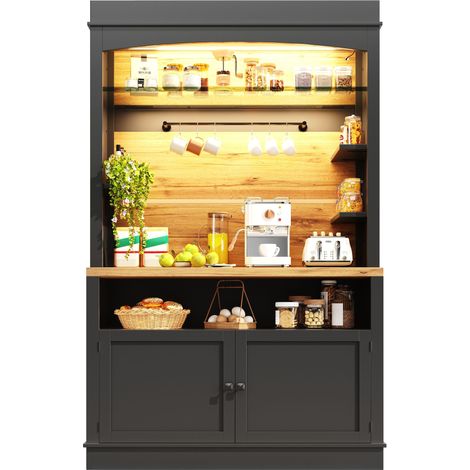 Buffet de Cuisine Haut avec 2 Portes, Étagère Ouverte, LED USB et 6 Crochets, pour Cuisine ou Salon, en MDF et Métal, 107x43x184 cm, Noir
