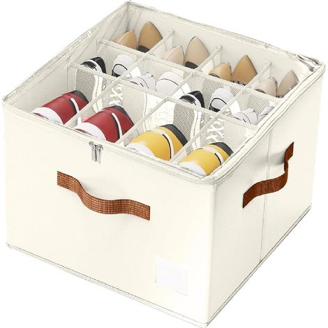 1 Organisateur De Chaussures Pliable, 12 Compartiments Avec Couvercle Transparent Et Poignées, Pour Placard Beige (1/5)