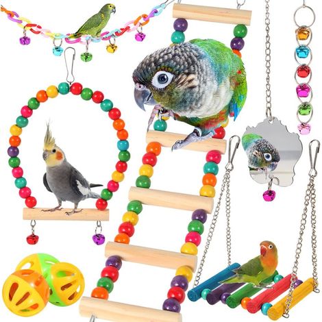 Lot de Jouets pour Oiseaux 10 Pièces Accessoires de Cage Balançoire Échelle Clochette Perchoir Suspendu pour Perruches Inséparables Calopsittes (1/5)