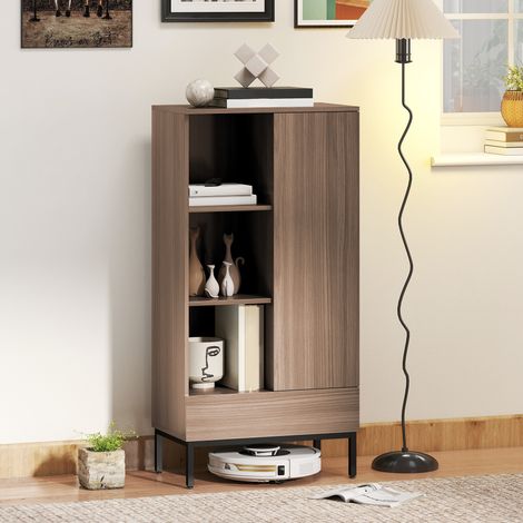 Modernes Wohnzimmer-Sideboard mit Tür, Schublade, verstellbarem Einlegeboden und 3 offenen Fächern, 60 x 34 x 121 cm, Natur