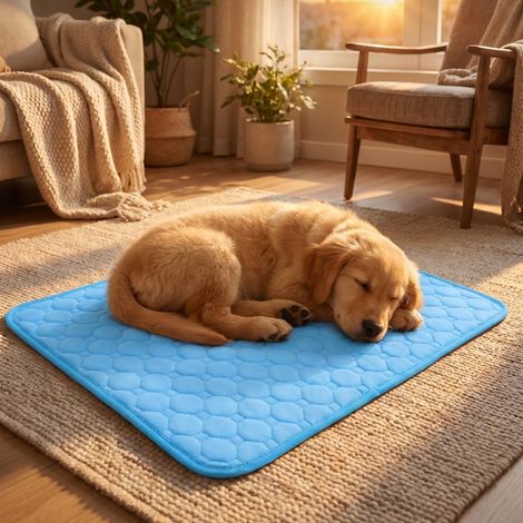Tapis Rafraîchissant pour Chien et Chat, Coussin de Refroidissement Lavable sans Gel, Couverture Respirante en Soie Glacée pour Animaux, Lit d'été Auto-Rafraîchissant pour (Light Blue, 7050cm) (1/5)