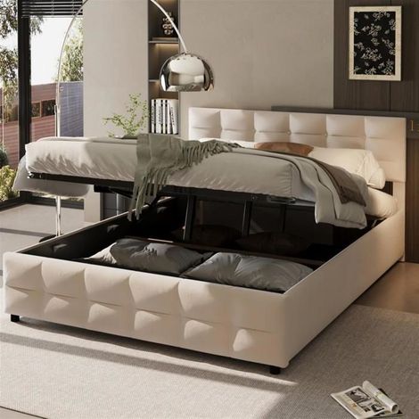 Lit rembourré - GUTENT - 180x200 cm - Velours beige - Sommier à lattes - Double hydraulique