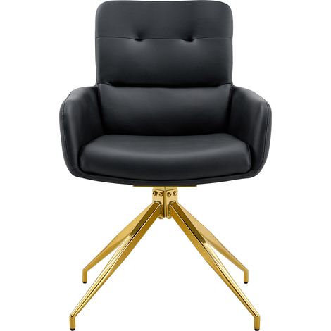 Ensemble salle à manger avec table ronde en verre trempé 85 cm et 4 chaises pivotantes noires et dorées en PU (1/5)