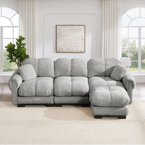 Canapé d’angle 3 places gris clair en chenille avec ottomane mobile et coussins décoratifs (1/5)