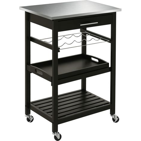 HOMCOM Chariot de Service desserte de Cuisine Table roulantes avec étagère rangement bouteille 60L x 40l x 85H cm Plateau en Acier INOX. Noir