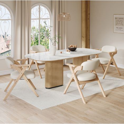 4 faltbare Esszimmerstühle mit Armlehnen, Leinenpolster, Massivholz, Beige (1/5)