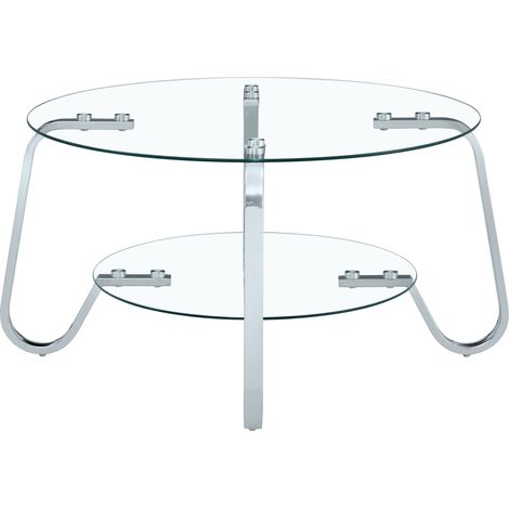Tavolino da caffè rotondo in vetro temperato e metallo argentato, design a due ripiani (1/5)