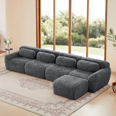 Canapé panoramique 4 places 378x179x73 cm - Canapé d'angle en L, canapé modulable, tissu très extensible, avec méridienne, librement combinable - Gris