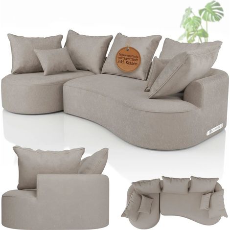 Juskys Sofa Tirano - Samt Beige, Ecksofa mit L-Form, mit Rücken- & Dekokissen, 4-Sitzer Eckcouch, Schaumstoff - Ottomane links