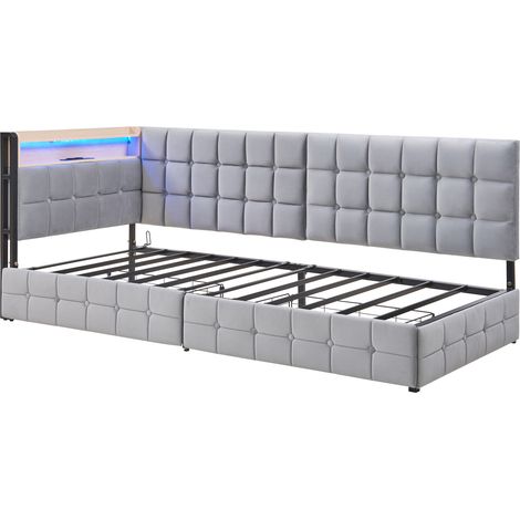 Cama sofá capitoné 90 x 200 cm gris con 2 cajones, LED y puertos USB Type-C (1/5)