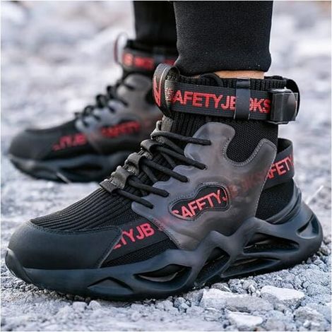 Bottes de sécurité hautes à embout acier, chaussures de chantier respirantes et légères, résistantes aux chocs, pointure 45, idéales pour le travail du bâtiment. (1/4)