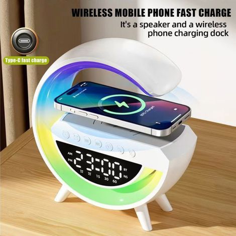 Enceinte Bluetooth Portable Haut-Parleur Bluetooth Lumineuse sans Fil avec Charge sans fil Veilleuse Réveil Radio FM,Lampe de Table (1/4)