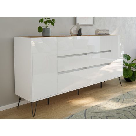 Sideboard Kommode Yako 200cm Greifraum 6 SoftClose 2 Türen Weiß/Eiche Top (1/5)