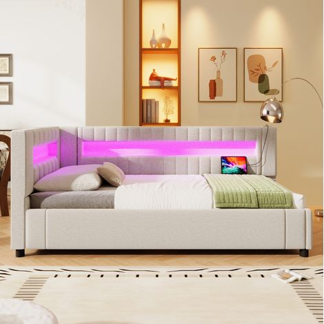 (=WX001039AAA) Daybett, Tagesbett, Schlafsofa, 90200cm , LED-Lichtleiste am Ende des Bettes, hydraulische Lagerung, ohne Matratze, USB + TYPE-C, Leinen, beige (1/5)