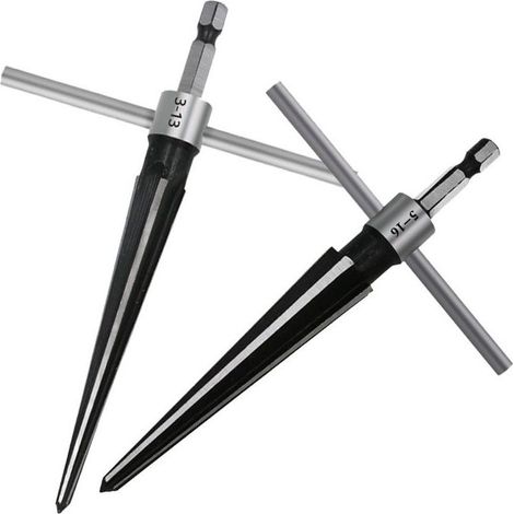 2 alésoirs coniques, diamètres 3-13 mm et 5-16 mm, tige hexagonale, pour bois/métal/tuyaux/guitare (1/5)