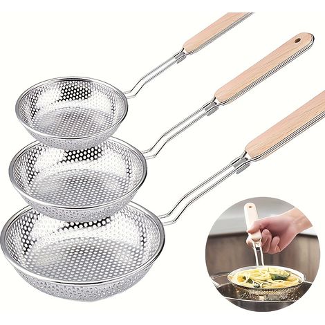 Passoire en acier inoxydable avec manche bois Ensemble de 3 pièces pour égoutter les pâtes nouilles et frire Ustensiles cuisine filtres à huile au design moderne (1/5)