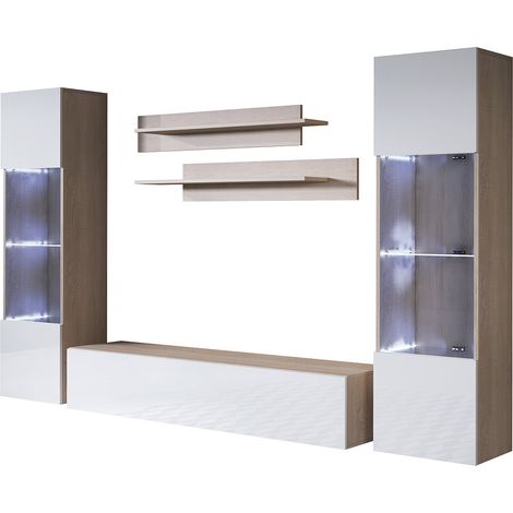 Wohnwand mit LED Mediawand Möbel TV TV-Schrank Wohnzimmer Wohnmöbel Anbauwand Möbelkombination Hängend 260cm Luke 9E Sonoma Matt mit Weiß Glanz (1/3)
