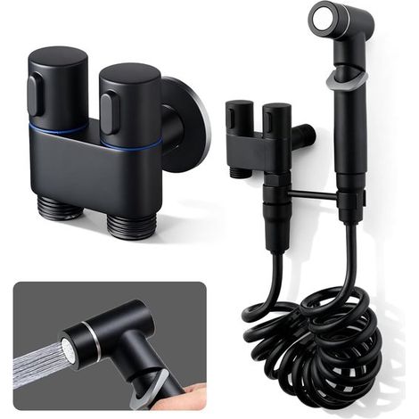 Ensemble douchette WC - Pulvérisateur - Nettoyage hygiénique - Double vanne - Flexible de 2 mètres - Noir (1/5)