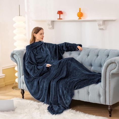 Kuscheldecke mit Ärmeln und Fußtasche 150x200cm Blau für Erwachsene (1/5)