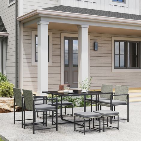 Set di mobili da giardino per esterni a 8 posti in resina intrecciata con cuscini e piano del tavolo in vetro temperato, grigio