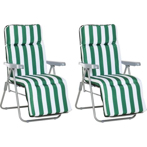 Chaises de jardin pliantes/transats avec accoudoirs, pliables, 5 positions, coussin, vert/blanc, 60 x 75 x 102 cm, pour jardin et terrasse