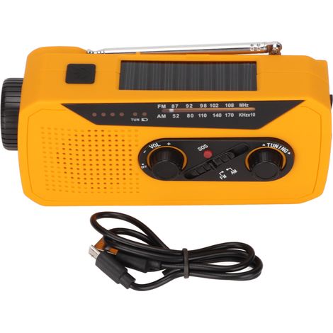 Radio AM/FM d'urgence avec manivelle solaire et chargement USB, batterie externe 2000 mAh, indicateur météo avec lampe torche LED (style européen). (1/5)
