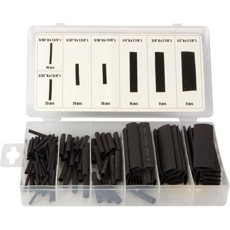 Gaine thermorétractable noir 127 pièces – Toolland HAS07 – Polyoléfine flexible – Rétractation à la moitié du diamètre (1/4)