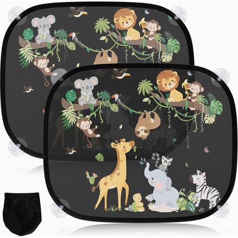 2 parasoles para coche，protección solar para bebés，45 x 36,5 cm，con 8 ventosas y simpáticos animales (enredaderas)，paquete de 2 (1/5)