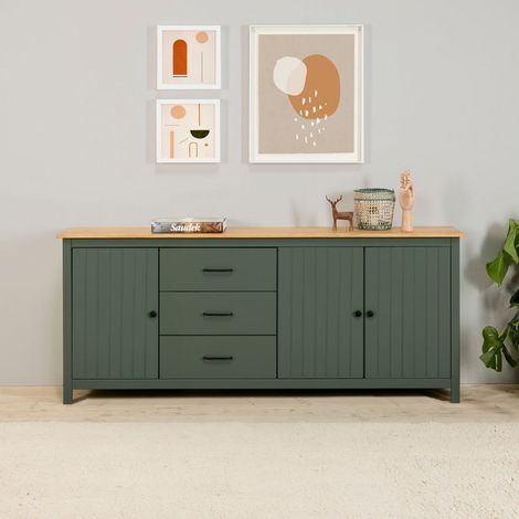 Credenza in legno massiccio con 3 ante e 3 cassetti colore verde e pino 191x40x80H cm - Vanda
