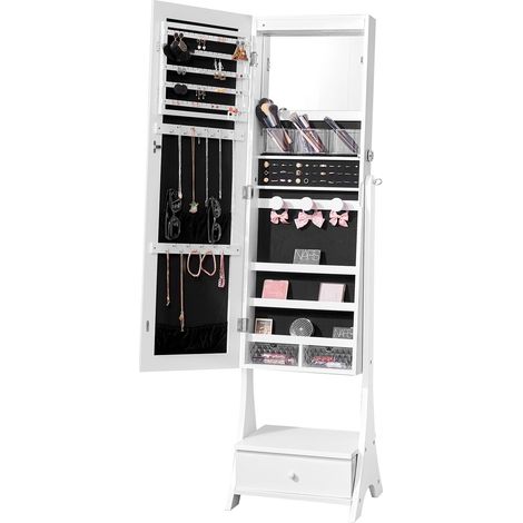Armoire à Bijoux avec Miroir Pleine Longueur, Organisateur de Bijoux sur Pied avec Rangement, Meuble de Rangement pour Bijoux Verrouillable, Doublure en Velours, LED Intérieur, Tiroir, bLANC (1/5)