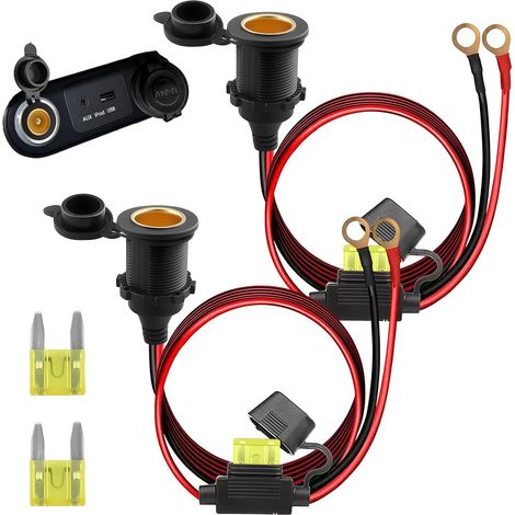 Lot 2 Prises Allume Cigare 12V 24V Femelle Étanche, Fusible 20A, 14AWG (1/5)