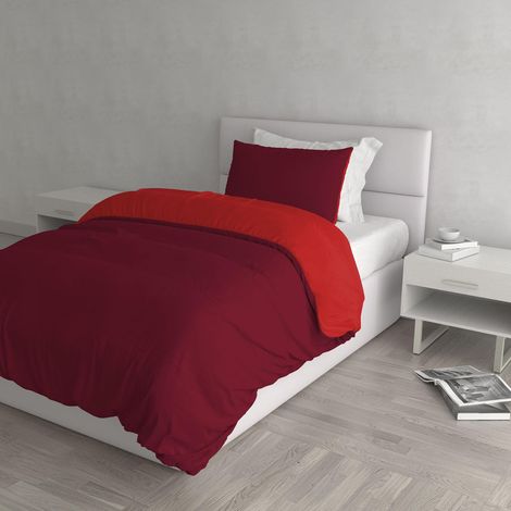 Housse de couette double-face couleur unie avec taies d'oreiller, 100 % Coton, Rouge, single (1/5)