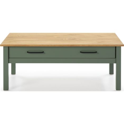 Table basse en pin massif ciré avec rangements coloris naturel/vert foncé - Longueur 100 x Profondeur 55 x Hauteur 40 cm -PEGANE- (1/5)