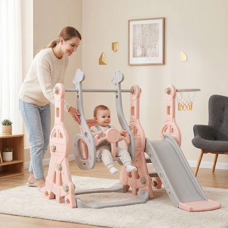 Toboggan enfant 4in1, aire de jeux exterieur enfant, Ensemble de Toboggan pour enfant Préscolaires, avec Panier de Basket, Balançoire (1/5)