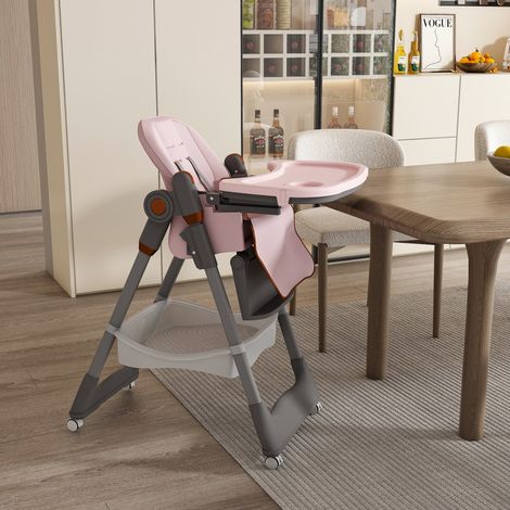 Chaise Haute Bébé Évolutive 0-6 Ans - Siège Pliant Réglable avec Plateau Amovible Harnais 5 Points et Roulettes Bloquantes - Rose (1/5)