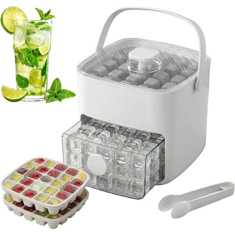 Eiswürfelbereiter für 48 Eiswürfel mit Druckknopfdeckel, zweistöckiger Eiswürfelbehälter mit Auffangbehälter und Griff, tragbare Eiswürfelform (1/5)