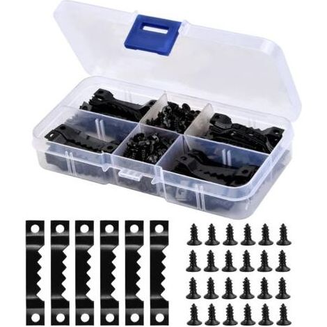 Crochets pour cadres photo, supports en dents de scie avec vis, kit de suspension de 100 pièces avec 200 vis, pour horloges, tableaux, objets d'artisanat et cadres photo (boîte incluse). (1/5)