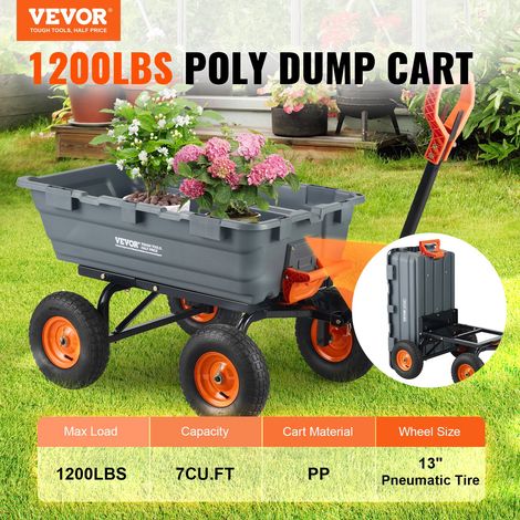Chariot à benne basculante, capacité de charge 544 kg, chariot de jardin en polyéthylène robuste avec cadre en acier, poignée convertible 2 en 1, roues 330 mm, brouette utilitaire pour pelouse (1/5)
